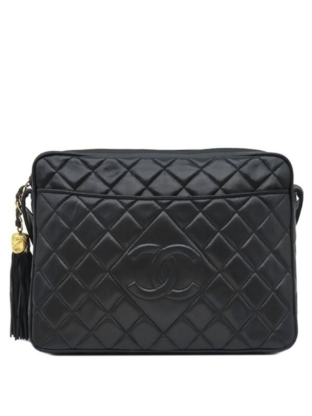 Chanel Shoulder Bag Quilted Lambskin Black Gold Fringe 25